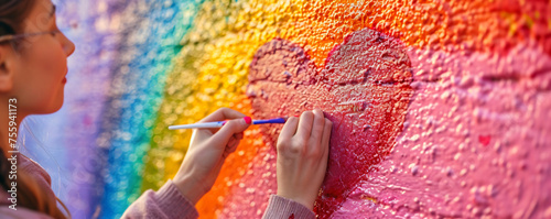 Hand drawing heart in rainbow color on the wall. LGBT pride symbol, LGBTQ rights and support. Pride month, week, day. International Day Against Homophobia, Biphobia and Transphobia photo