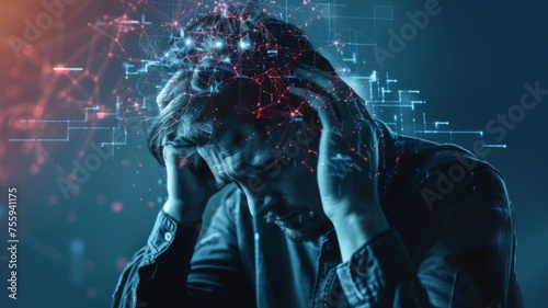 Man with head in hands amidst data - Digital depiction of a stressed individual with a network of data nodes and connections illustrating mental strain