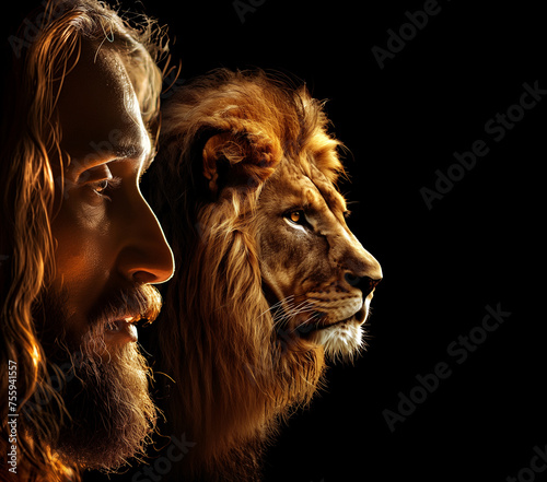 The lion of Judah. portrait of Jesus Christ and the Lion in the background. (ID: 755941557)
