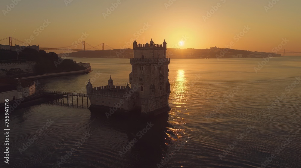 Aerial view of castle tower building near river at sunset scene. AI generated image - obrazy, fototapety, plakaty 
