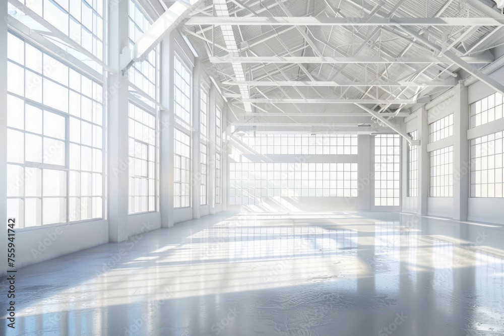 Large warehouse with numerous windows stacked along the walls, providing ample natural light to the empty space. Large warehouse with numerous windows stacked along the walls, providing ample natural light to the empty space.