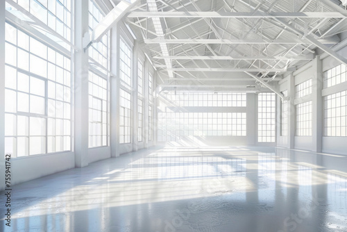 Large warehouse with numerous windows stacked along the walls, providing ample natural light to the empty space.