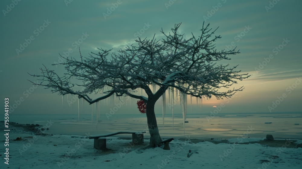 a tree that is standing in the snow next to a body of water with ice hanging off of it's branches. a tree that is standing in the snow next to a body of water with ice hanging off of it's branches.