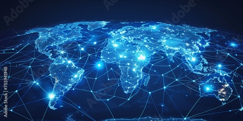 Concepts of global network and connectivity, international data transfer, cyber technology, and an abstract world map
