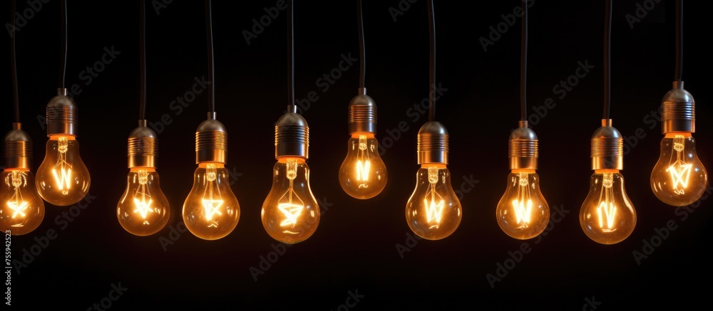 Close-up image of a string of illuminated light bulbs in darkness