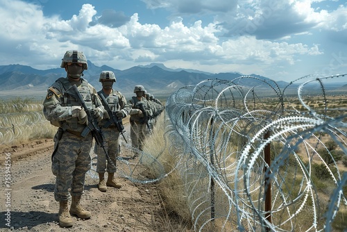 The stern faces of border guards and military personnel capture the palpable tension at the barbed wire border, a critical frontline in the ongoing emigration turmoil photo