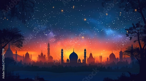 Islamic Mosque and lantern for Eid celebration banner poster design