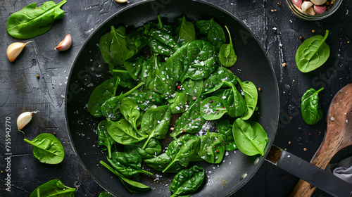 Cooking spinach and garlic in frying pan