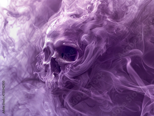 Human skull made from swirling cloud of dark purple smoke in the style of horror movies. The magic of 3d, the eerie sinuous texture of smog. An atmosphere of fear and horror. Close-up.