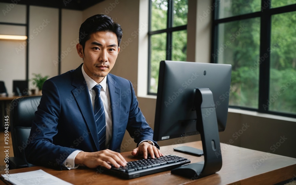 Focused Asian Businessman Working on Laptop in Modern Office Focused Asian Businessman Working on Laptop in Modern Office