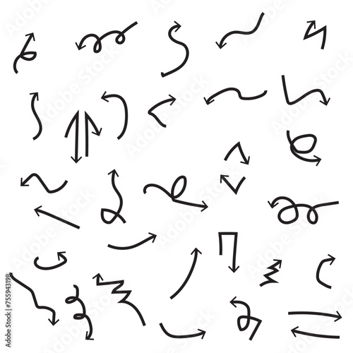 Hand drawn arrow set, direction pencil draw arrows. Vector illustration