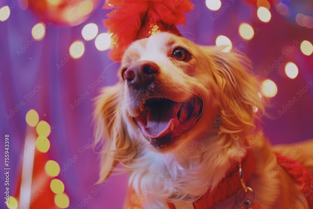 A festive dog wearing a party hat with colorful lights in the background. Perfect for celebrating special occasions.