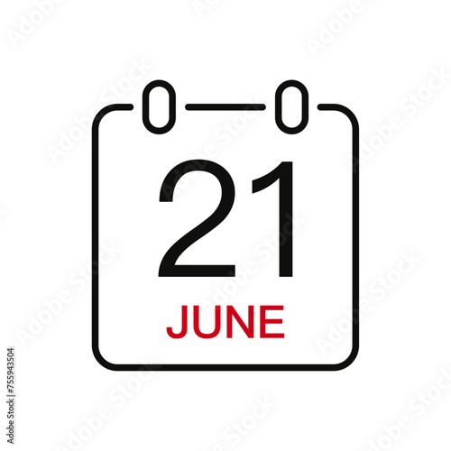 June 21 date on the calendar, vector line stroke icon for user interface. Calendar with date, vector illustration.