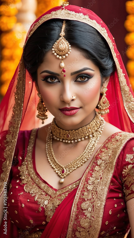 Cherry Red Elegance: Enchanting Portrait of an Indian Bride in a Rich Red Lehenga, Radiating Timeless Bridal Beauty, generative ai