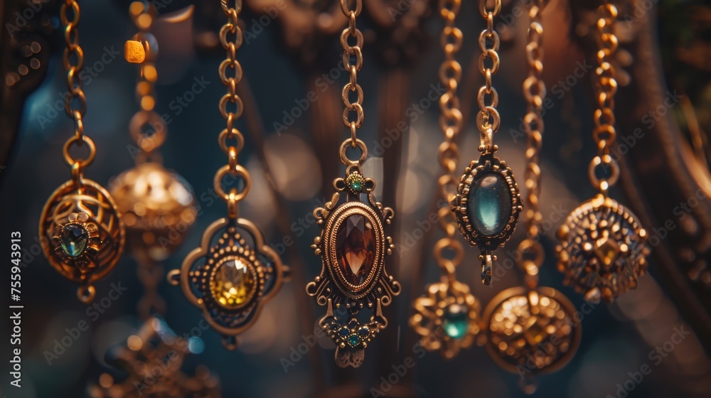 A bunch of necklaces hanging from a chain. Perfect for jewelry designs. - obrazy, fototapety, plakaty 