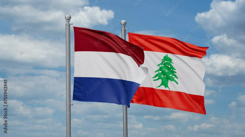 Lebanon and Netherlands two flags waving together, looped video, two country cooperation concept Lebanon and Netherlands two flags waving together, looped video, two country cooperation concept