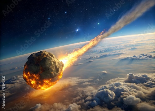 burning meteorite flying towards the earth