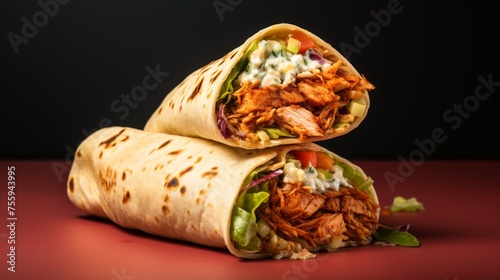 Two wraps bursting with tender meat and crunchy vegetables on a vibrant red surface
