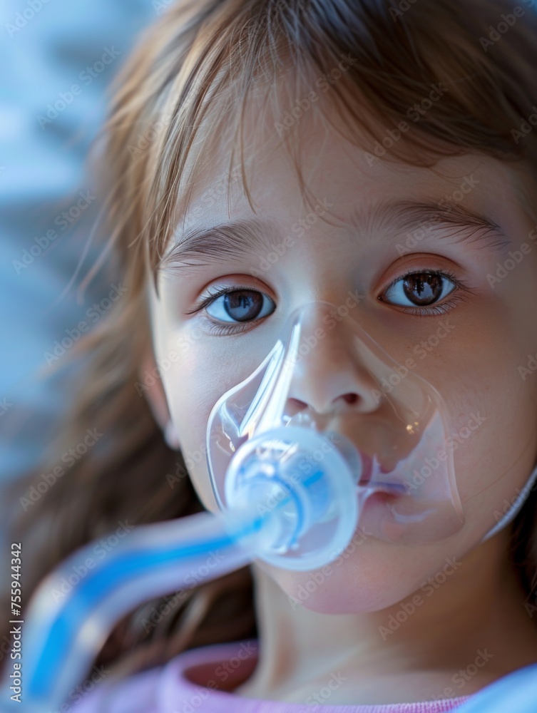 Young girl using a medical nebulizer - Close-up of a young girl wearing a nebulizer mask receiving breathing treatment, healthcare and medical concept focused on pediatric care
