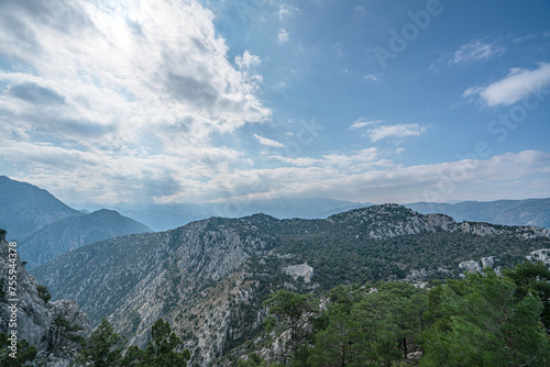 The scenic view of Termessos ancient city and the theater from Güllük Mountain, Antalya, Turkey