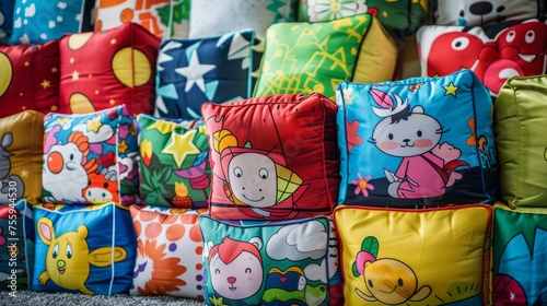 A playful arrangement of colorful pillows stacked one on top of the other © zainab