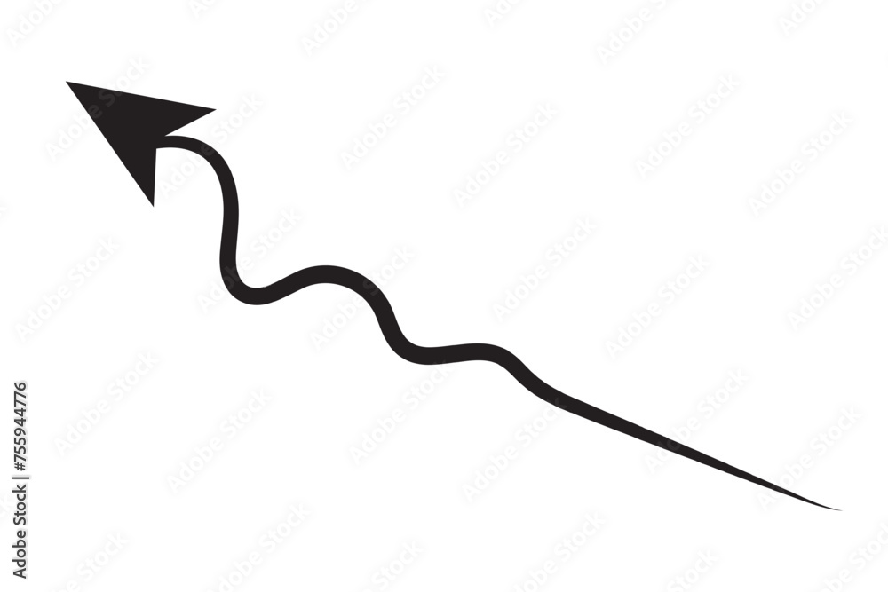 Vector black arrow doodle style isolated icon on white background. Curved wave pointer design element. Navigation sign. Layout brush arrow. Vector black arrow doodle style isolated icon on white background. Curved wave pointer design element. Navigation sign. Layout brush arrow.