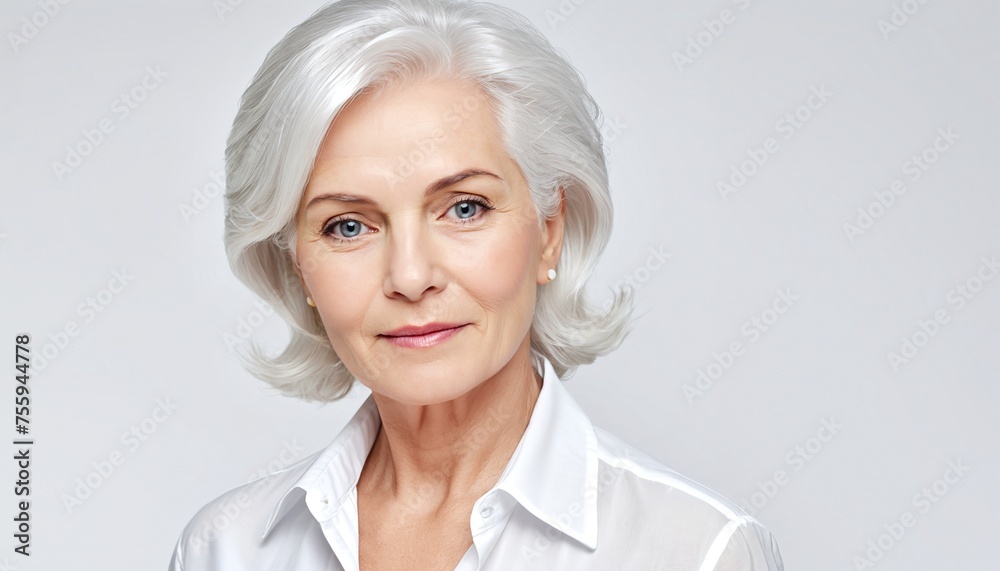 an older woman with white hair wearing a white shirt, elderly, mid-age, senior, wellness
