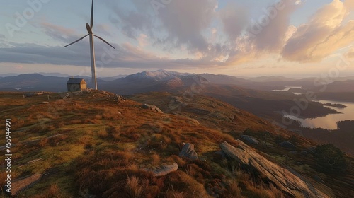 a wind turbine on a grassy hill with a body of water in the distance and a mountain in the background.