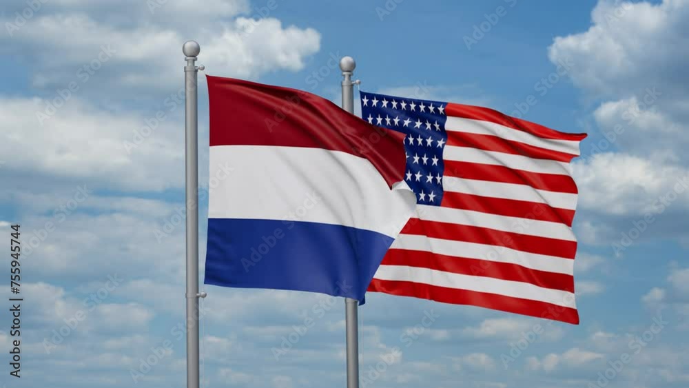 USA and Netherlands two flags waving together, looped video, two country cooperation concept USA and Netherlands two flags waving together, looped video, two country cooperation concept