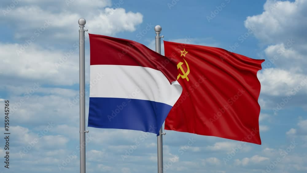 Soviet Union or USSR and Netherlands two flags waving together, looped video, two country cooperation concept Soviet Union or USSR and Netherlands two flags waving together, looped video, two country cooperation concept