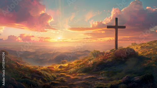 a Christian cross on a hill with a beautiful sunset in background photo