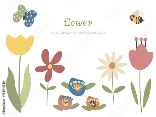 カラフルな花と昆虫のイラスト素材