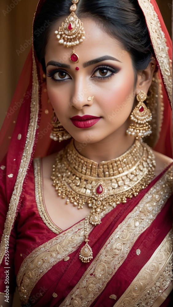Cherry Red Elegance: Enchanting Portrait of an Indian Bride in a Rich Red Lehenga, Radiating Timeless Bridal Beauty, generative ai