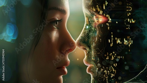 Abstract digital human portrait with lights - A digital composition of a human profile overlaid with glowing circuitry patterns suggesting intelligence and connectivity