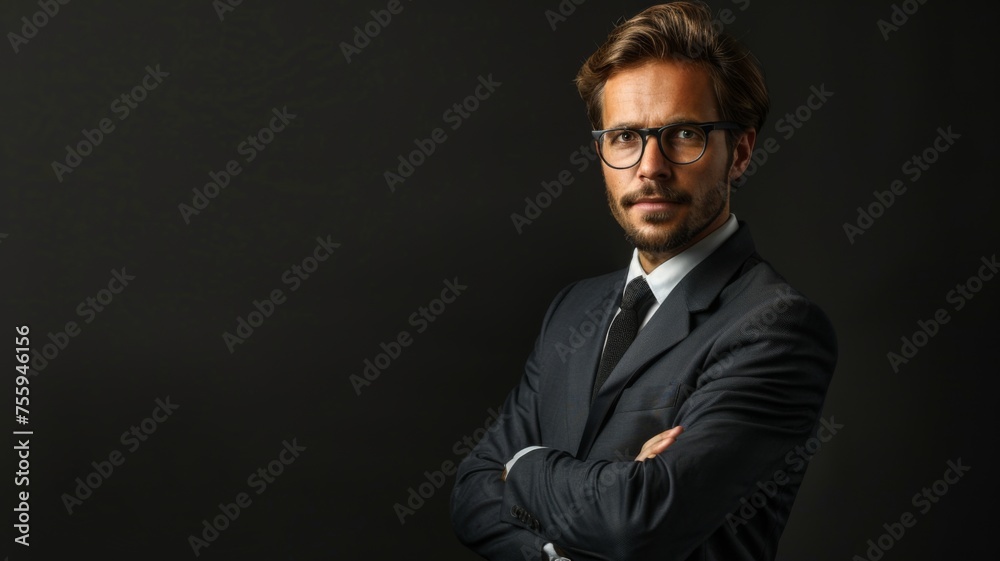 Confident professional with glasses in studio - A stylish professional man with glasses and a suit stands confidently in a dark studio setting Confident professional with glasses in studio - A stylish professional man with glasses and a suit stands confidently in a dark studio setting