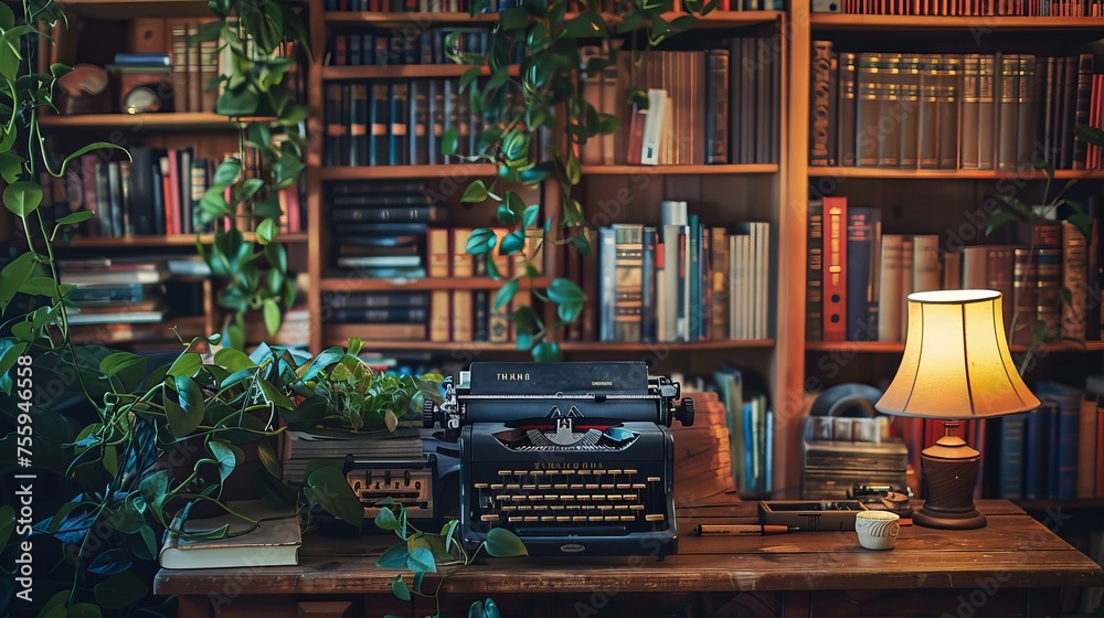 Cozy writer's nook with vintage typewriter and bookshelves