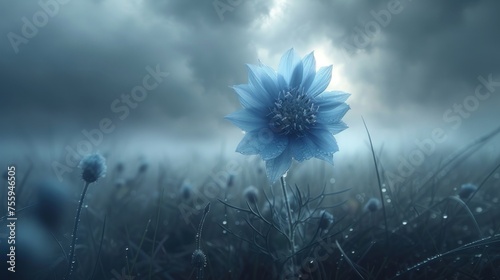 a blue flower is in the middle of a field of grass with a dark sky in the background and raindrops on the grass. photo