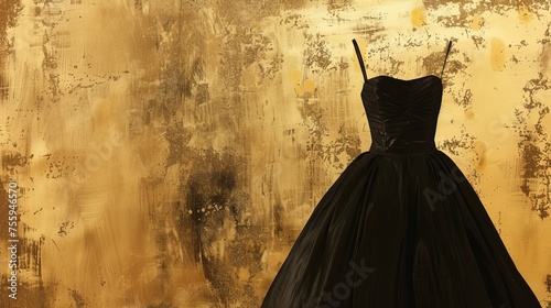 A black dress adorns a mannequin against a stark wall