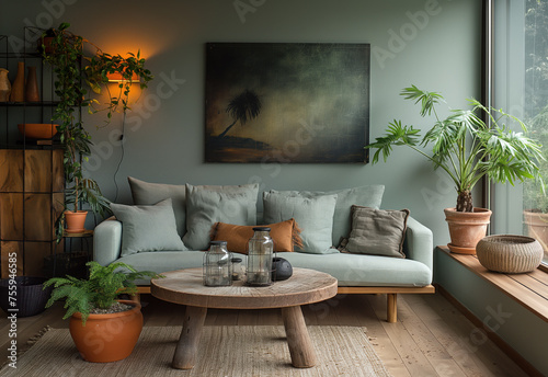 Rustic interior design with sofa  home plant and home decor . Interior mockup. Generative AI