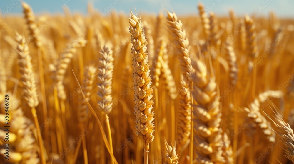 Fototapeta premium a close up of a field of wheat with a blue sky in the background of the photo.