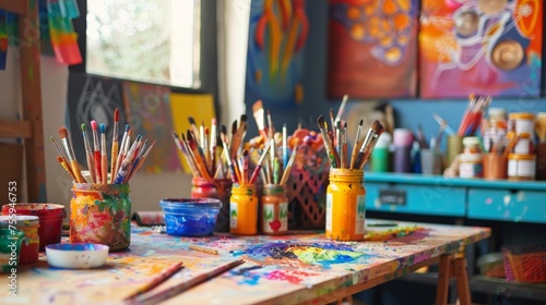 Creative workspace with vibrant art and craft supplies © Orxan