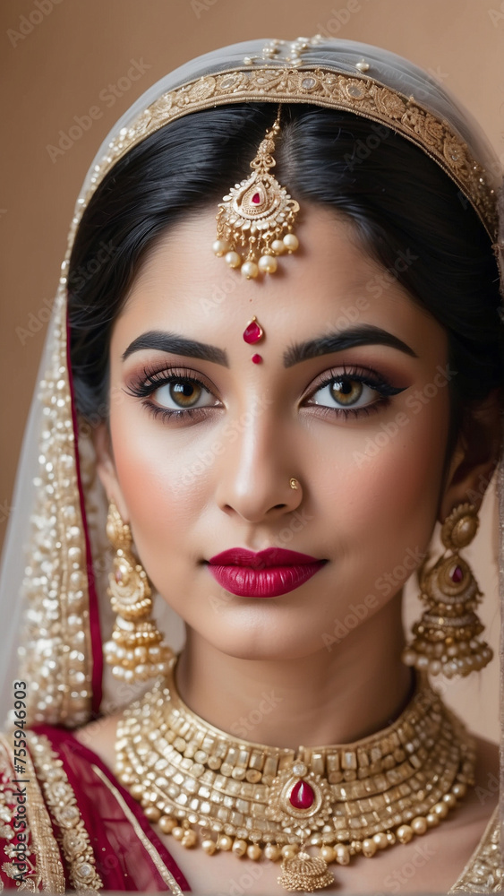 Cherry Red Elegance: Enchanting Portrait of an Indian Bride in a Rich Red Lehenga, Radiating Timeless Bridal Beauty, generative ai Cherry Red Elegance: Enchanting Portrait of an Indian Bride in a Rich Red Lehenga, Radiating Timeless Bridal Beauty, generative ai