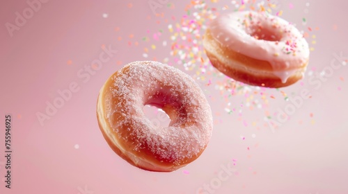 Delicious Donuts Delight: Creative Photography with Flying Treats, Soft Light Background generative ai