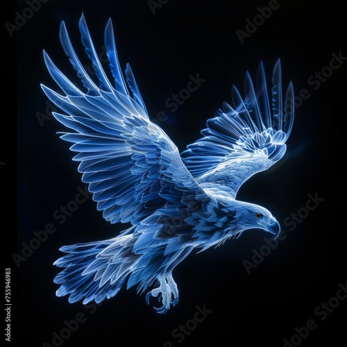 The 3D eagle is formed by blue and gray Light. In the background in black color