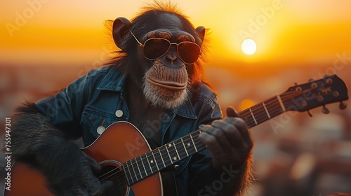 Chimpanzee monkey playing guitar