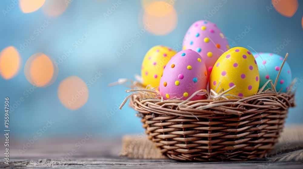 a basket filled with easter eggs sitting on top of a wooden table next to a blue and yellow boke.