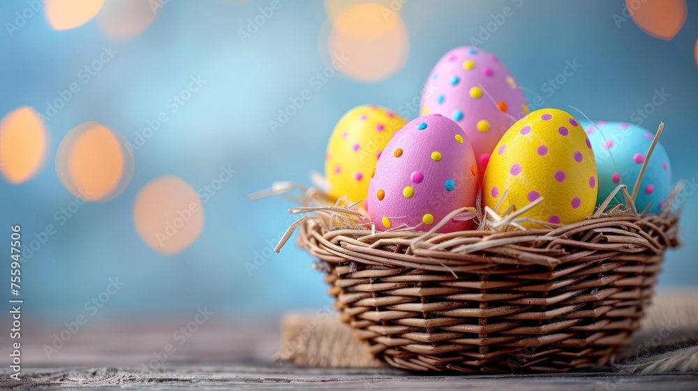 a basket filled with easter eggs sitting on top of a wooden table next to a blue and yellow boke. a basket filled with easter eggs sitting on top of a wooden table next to a blue and yellow boke.