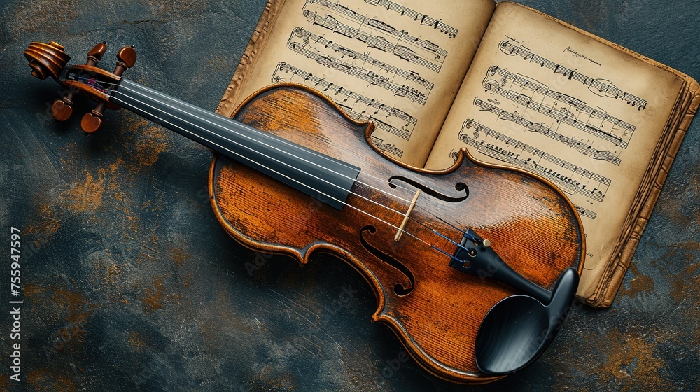 Fototapeta premium Vintage violin and old book with notes on dark background. Top view