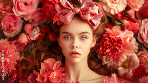 Young Woman With Pink Bow Surrounded by Lush Red Flowers