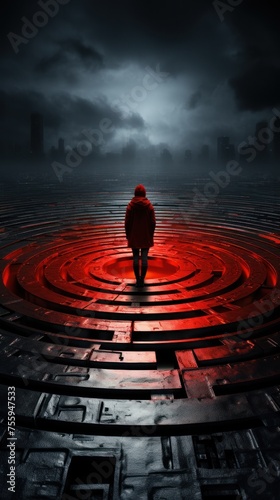 A man in a red coat navigates through a maze